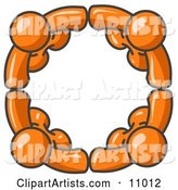 Four Orange People Standing in a Circle and Holding Hands for Teamwork and Unity