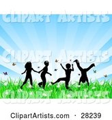 Four Silhouetted Children Running, Holding Hands and Doing Somersaults in a Field of Butterflies and Spring Flowers over a Bursting Blue Background