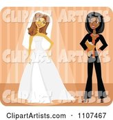 Friendly Black Wedding Planner and Bride Trying on Her Dress over Orange