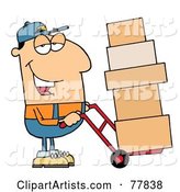 Friendly Caucasian Delivery Man Using a Dolly to Move Boxes