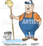 Friendly Male Custodian Standing by a Bucket and Holding a Mop