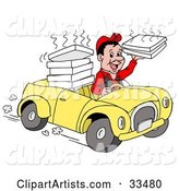 Friendly Pizza Delivery Boy Driving a Yellow Car and Holding a Steamy Pizza Box