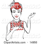 Friendly Red Haired Housewife, Waitress or Maid Woman Wearing an Apron and Resting One Hand on Her Chest While Holding the Other Hand up