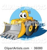 Friendly Yellow Bulldozer Character with a Loader Moving Forward