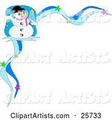 Frosty the Snowman Wearing a Hat and Purple Scarf and Waving, in the Corner of a Blue Starry Christmas Stationery Border