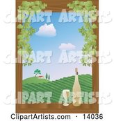 Full Glass of White Wine Sitting on a Wooden Window Sill Framed by Green Grapes Beside a Wine Bottle Overlooking a View on a Hilly Vineyard and Winery House Under a Blue Sky with White Puffy Clouds