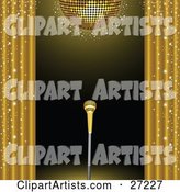 Golden Microphone on a Stand on a Stage, Framed by Golden Sparkling Curtains Under a Gold Disco Ball