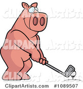Golfing Pig Holding the Club Against the Ball on the Tee