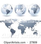 Gradient Gray Globes and Maps over a White Background