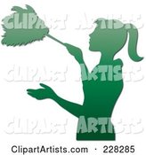 Gradient Green Silhouetted Maid Dusting with a Feather Duster