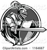Grayscale Knight with a Cape Shield and Sword in a Circle