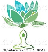Green and Blue Water Lily Lotus Flower and Meditating Person