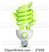 Green Energy Efficient Lightbulb with Leaves Sprouting from the Glass and Green Arrows Above the Spiral