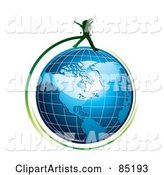 Green Girl Silhouette Jumping over a Blue Grid Globe