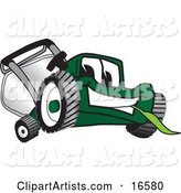 Green Lawn Mower Mascot Cartoon Character Facing Front and Eating Grass