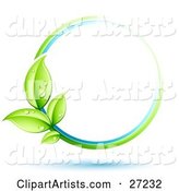 Green Plant with Dew Covered Leaves Circling a Blue and White Orb over a White Background with Blue Shadows