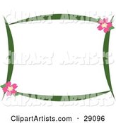 Green Stationery Border with Pink Hibiscus Flowers in the Upper Right and Lower Left Corners, over White