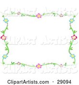 Green Vine Frame of Blue, Purple, Pink and Red Flowers Around a White Background