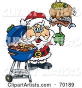 Grilling Santa Wearing a Santa Hat and Holding Food on a BBQ Fork