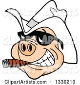 Grinning Pig Wearing Sunglasses and a White Cowboy Hat, Smoking a Cigar