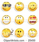 Group of Cool, Grouchy, Winking, Smiling, Surprised, Infatuated, Sleeping and Silenced Yellow Emoticon Faces