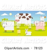 Group of Farm Animals in a Pasture; Sheep, Cow, Chicken, Rabbit, Pig and Rooster