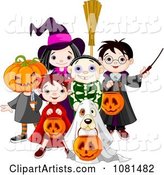 Group of Halloween Trick or Treating Kids and a Dog