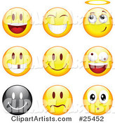 Group of Happy, Angelic, Goofy and Upset Black and Yellow Emoticon Faces