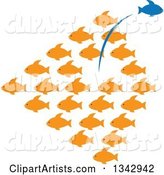 Group of Orange Fish with a Blue One Leaping out in the Opposite Direction