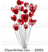 Group of Red Heart Shaped Flowers on Tall Black Stems, over a White Background