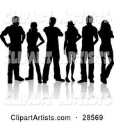 Group of Six Black Silhouetted Adults Standing Together