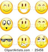 Group of Winking, Smiling, Happy, Awed, Cool, Silenced and Nervous Yellow Emoticon Faces