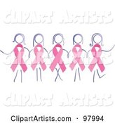Group of Women with Breast Cancer Awareness Ribbon Bodies, Holding Hands