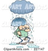 Grumpy Toon Guy Getting Rained on and Walking Under an Umbrella