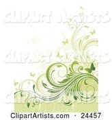 Grunge Textured Background with Pale and Dark Green Curling Vines and Fluttering Butterflies