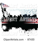Grungy American Background with Floating Stars, Stripes, a City and Statue of Liberty on White