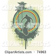 Grungy Green Surfer in Front of a Circle with Palm Trees and Halftone over Beige