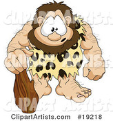 Hairy, Muscular Prehistoric Caveman Wearing a Leopard Print Cloth and Leaning on a Club, with a Cute Facial Expression