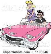 Handsome Man Driving a Pink Cadillac Convertible with His Lady Standing up on the Seat