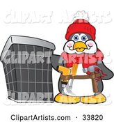 Handy Penguin Mascot Cartoon Character Wearing a Tool Belt and Standing by an Air Conditioning Unit