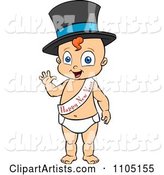 Happy Baby Standing Waving and Wearing a Top Hat and New Year Sash