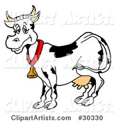 Happy Black and White Dairy Cow Wearing a Bell Around Its Neck