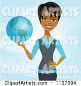 Happy Black Businesswoman Holding a Globe and Standing over Blue with Waves