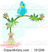 Happy Blue Bird Perched on a Tropical Flowering Tree