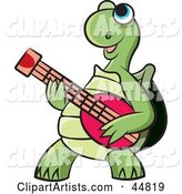 Happy Blue Eyed Green Tortoise Character Playing a Guitar