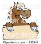 Happy Brown Horse Looking over a Blank Wood Sign