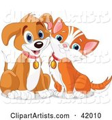 Happy Brown Puppy and Orange Kitten Resting Their Cheeks Together