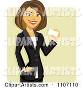 Happy Brunette Businesswoman Holding a Business Card over Green