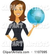Happy Brunette Businesswoman Holding a Globe