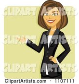 Happy Brunette Businesswoman in a Black Suit Presenting over a Green Square